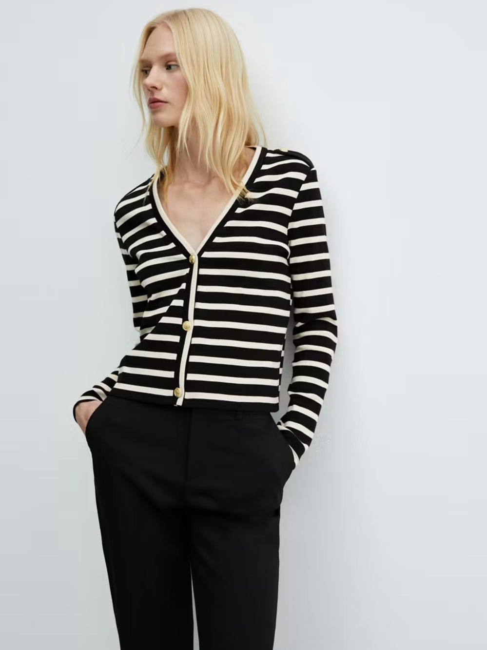 Mango Black and Cream Striped V-Neck Cardigan with Gold Buttons